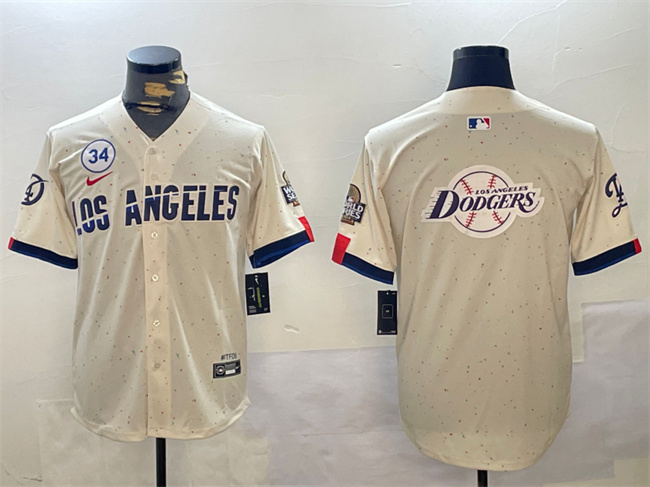 Men's Los Angeles Dodgers Team Big Logo Cream 2024 World Series With No. 34 Patch Limited Stitched Baseball Jersey Men's Los Angeles Dodgers Team Big Logo Cream 2024 World Series With No. 34 Patch Limited Stitched Baseball Jersey